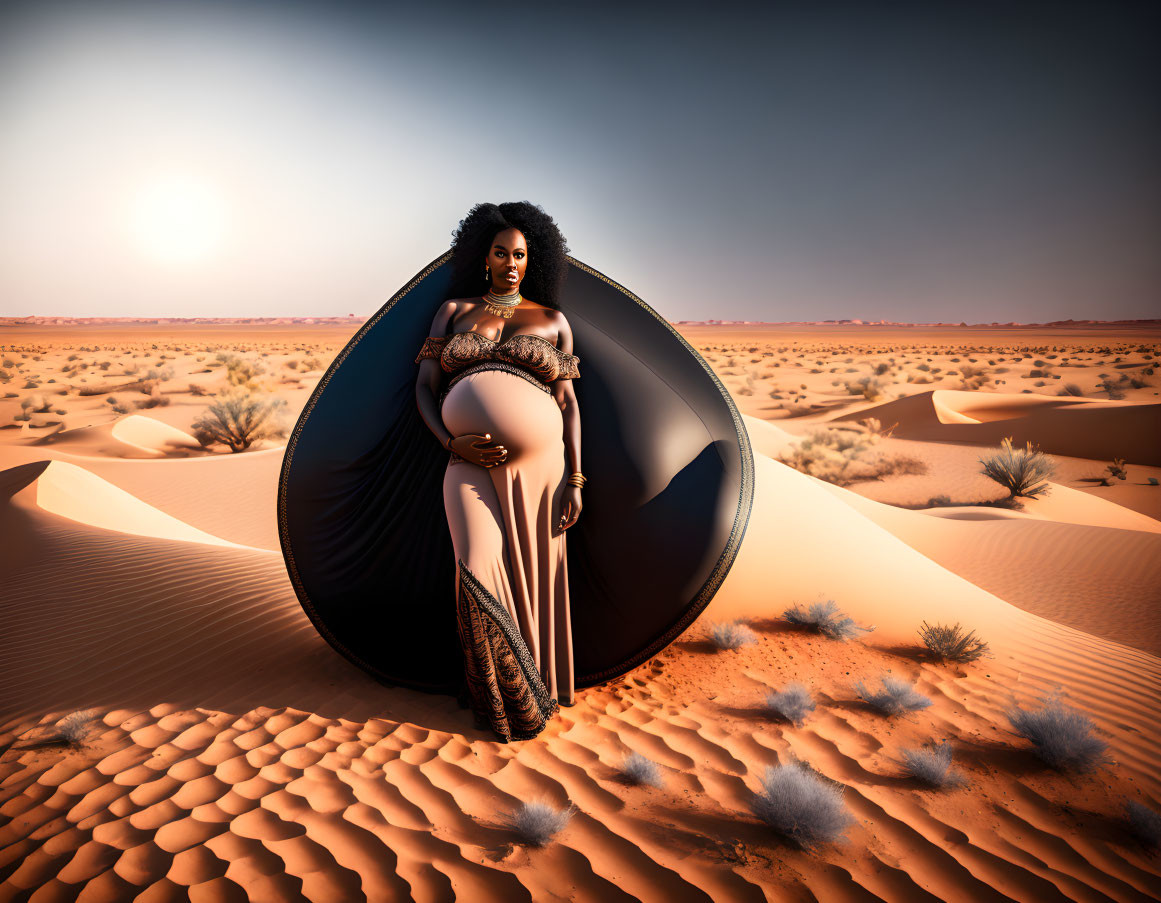 Pregnant woman in desert landscape with circular structure