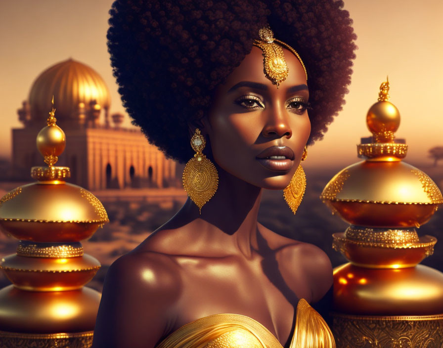 Woman with voluminous afro and gold jewelry in desert sunset scene