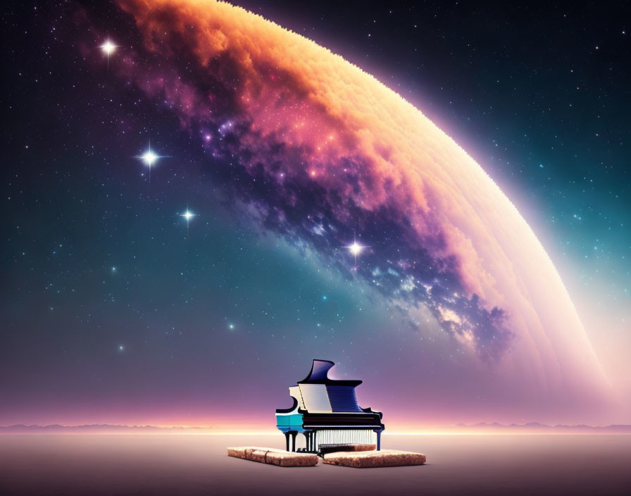 Grand Piano on Desert Surface with Cosmic Backdrop