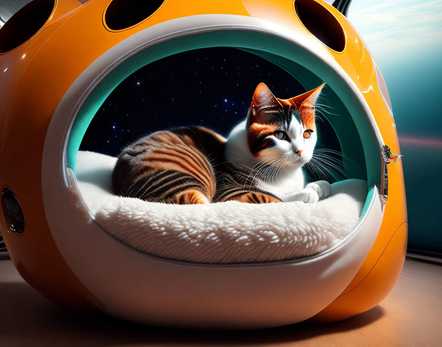 Calico Cat Relaxing in Futuristic Orange Pod with Starry Space View