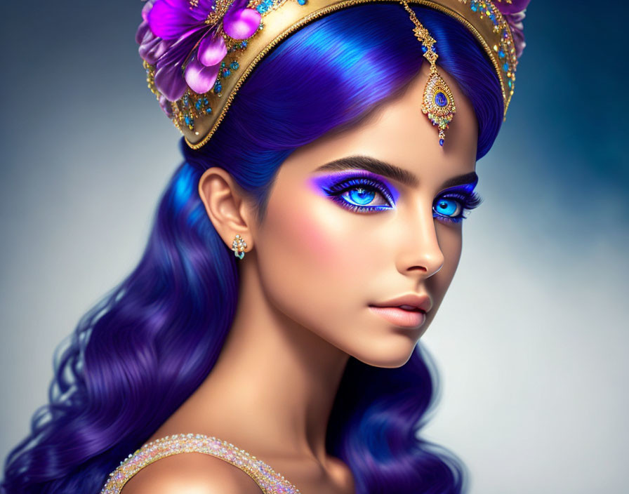 Vibrant blue-haired female figure with striking eyes and ornate crown