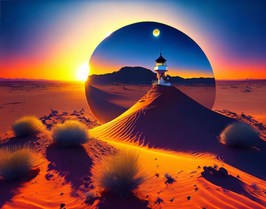 Surreal desert sunset with lighthouse, orb, and vivid sky