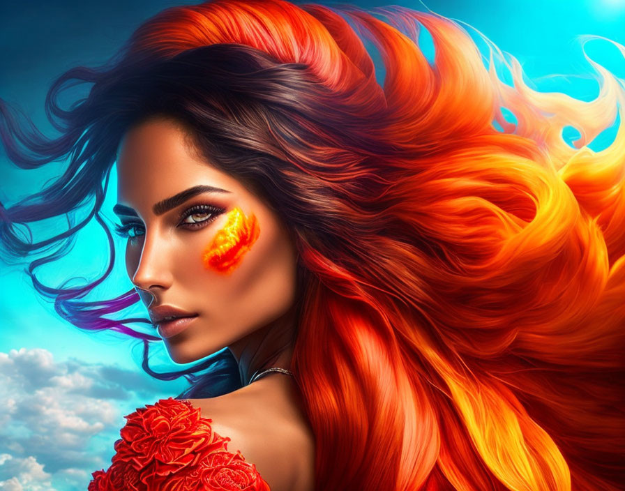 Vibrant digital artwork of woman with fiery red hair and flame-inspired eye makeup