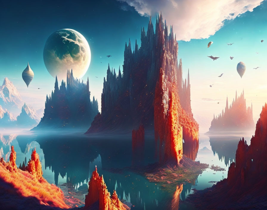 Fantastical landscape with rocky spires, moon, islands, airships, and twilight sky.