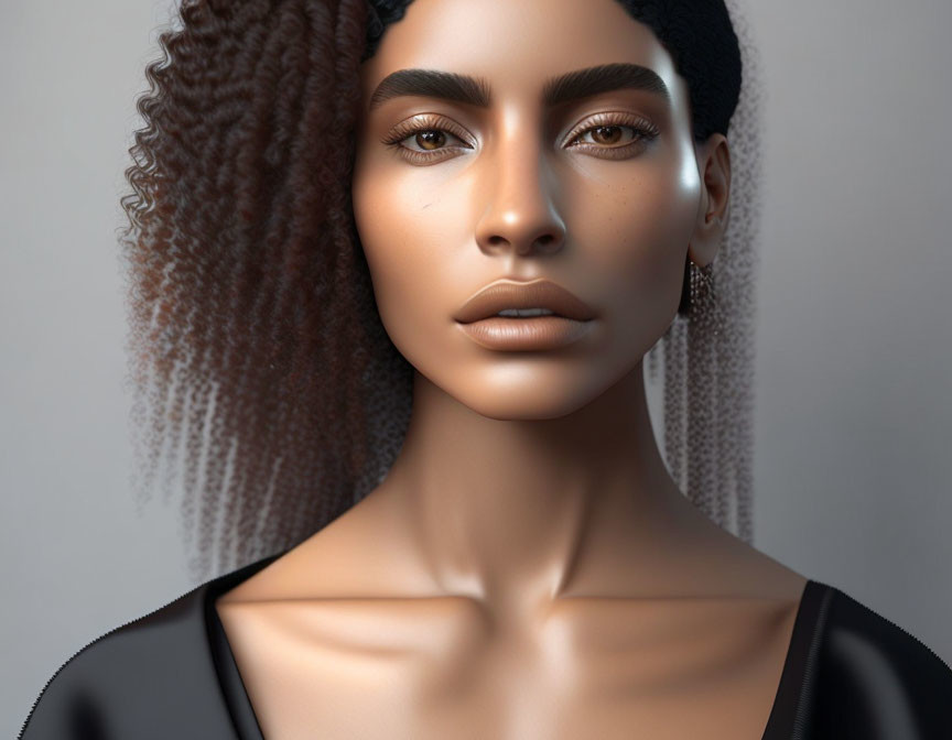 Detailed 3D digital portrait of a woman with curly hair, headband, and earrings in black