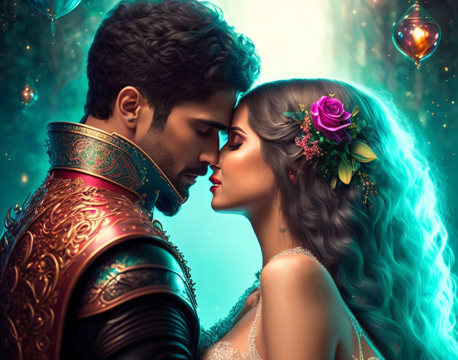 Fantasy couple in ornate attire surrounded by glowing orbs and turquoise aura.