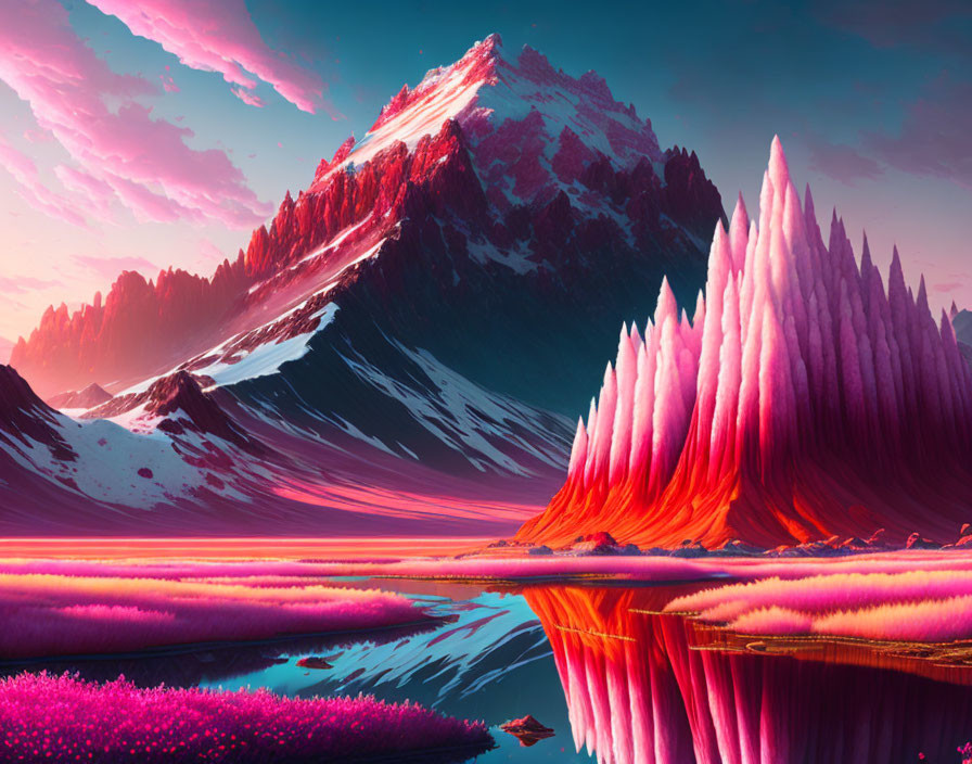 Scenic digital landscape with pink formations and snow-capped mountain