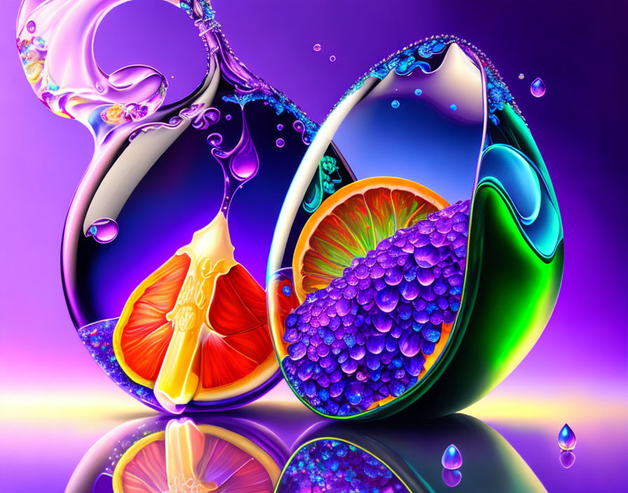 Colorful Digital Art: Citrus Fruit Halves with Water Splash on Gradient Background