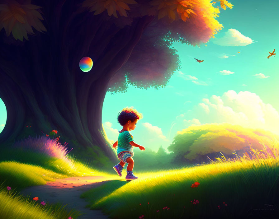 Child with bouncy afro hair running in vibrant forest with birds and bubble