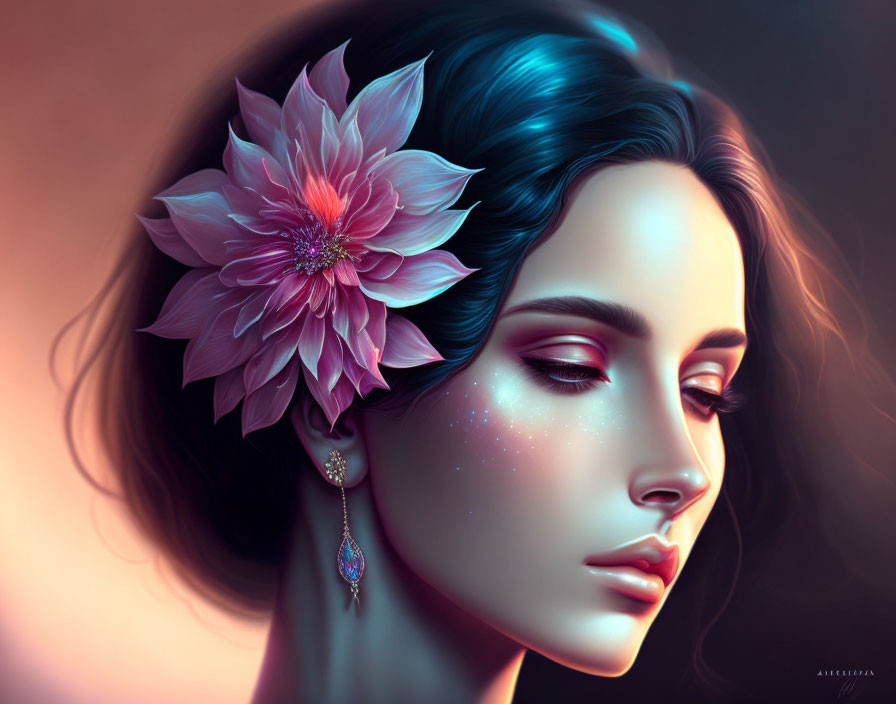 Digital painting of woman with pink flower, sparkling freckles, and jeweled earring