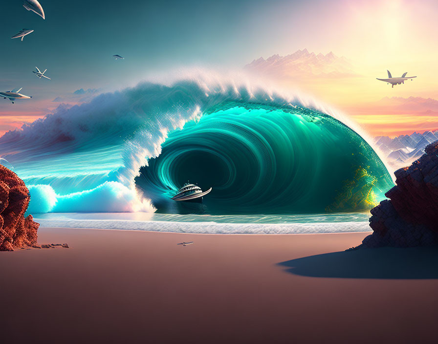 Vibrant digital art: giant turquoise wave over ship in surreal sunset landscape