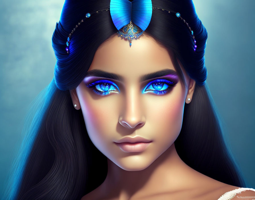 Portrait of woman with blue eyes and jeweled headpiece in digital art