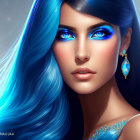 Vibrant blue hair woman with glittering makeup & jewelry