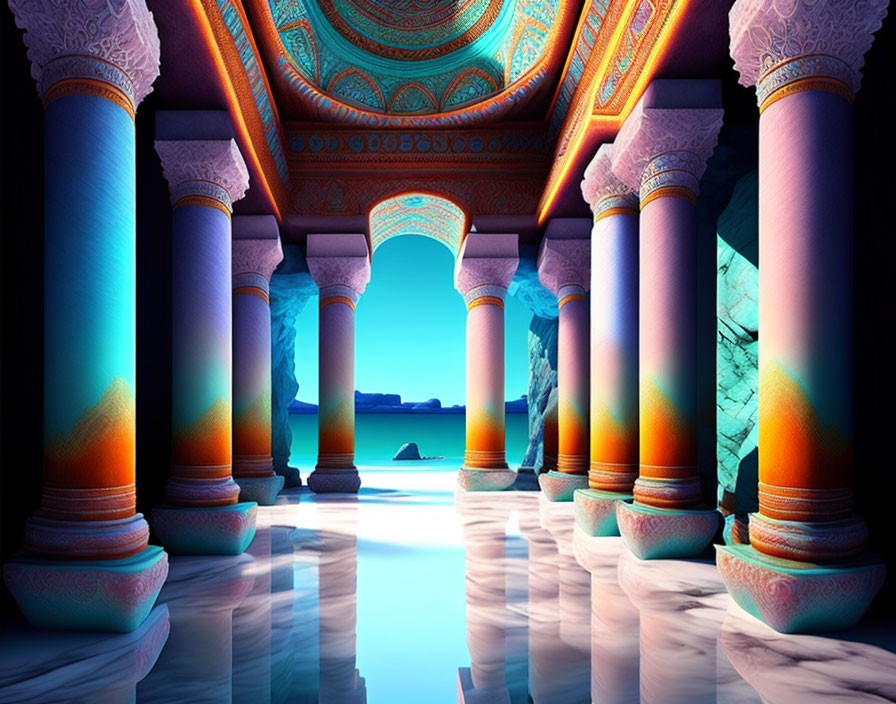 Colorful digital artwork of an ornate corridor and tranquil seascape