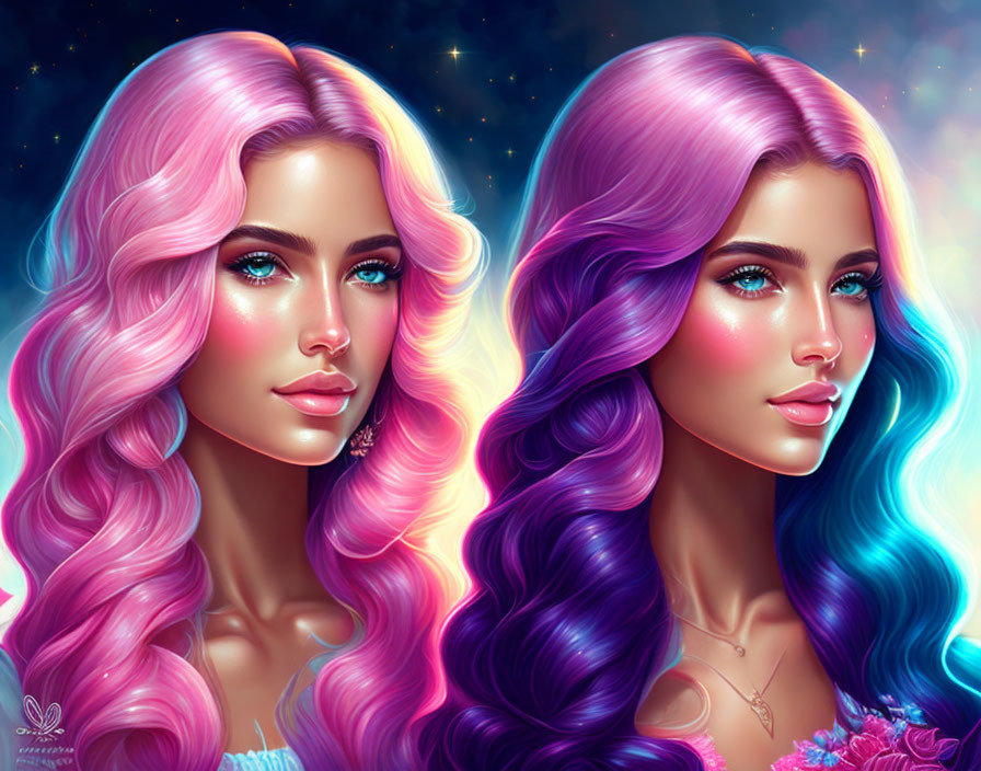 Twin females with pink and purple hair in starry night digital artwork