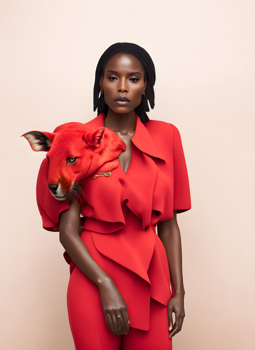 Stylish woman in red outfit with surreal feline head on shoulder