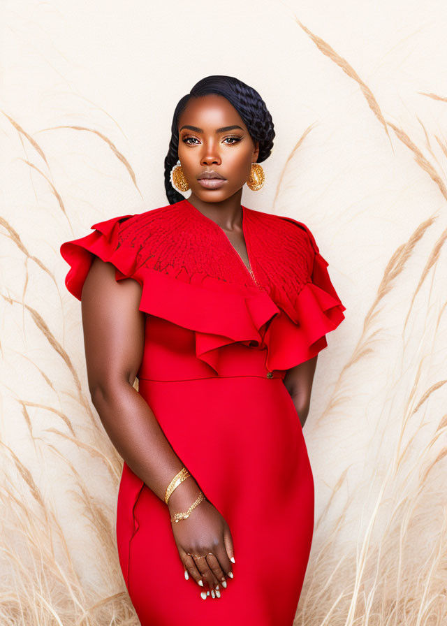 Woman in Red Dress with Ruffle Details and Braided Hair in Grassland