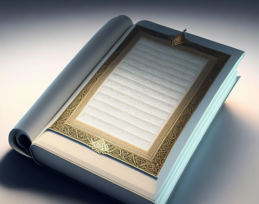 Ornate Golden-Edged Open Book with Detailed Script on Gradient Background