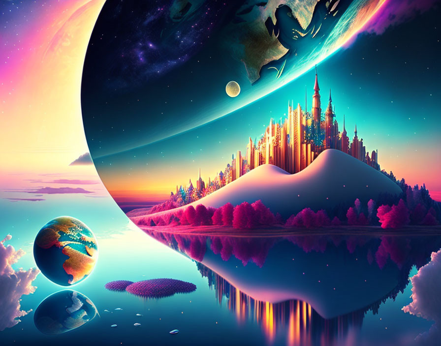 Fantasy artwork of futuristic city with celestial body and colorful skies