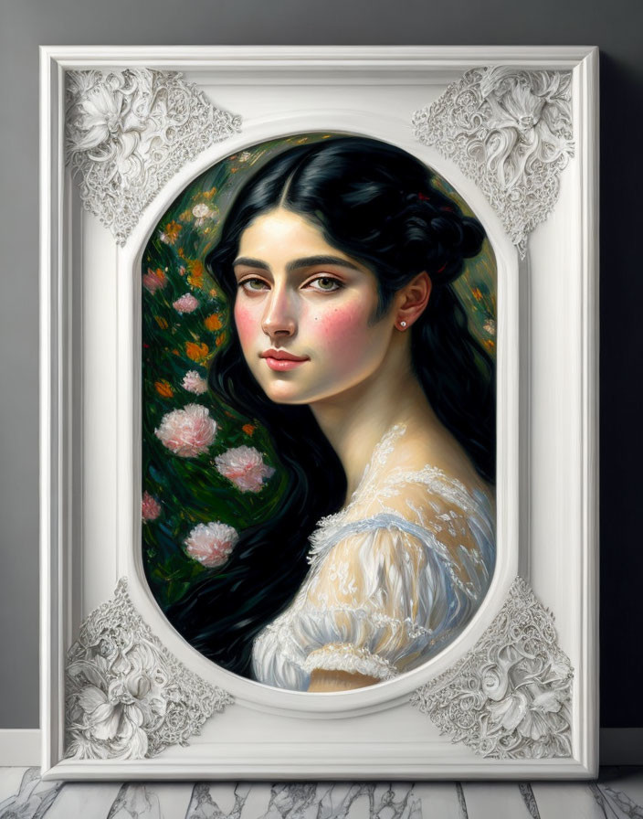 Young woman in vintage dress framed by ornate oval frame on floral backdrop