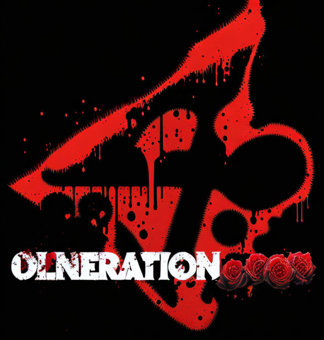 Red and black graphic with "Obliteration" text, dripping effect, and roses at bottom