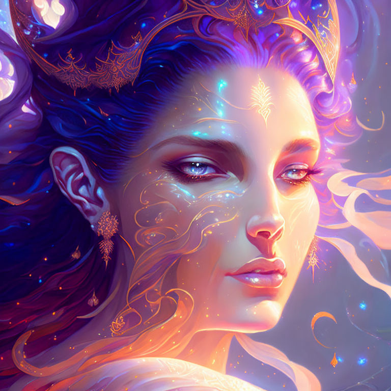 Colorful digital portrait of a woman with golden jewelry and cosmic energy.