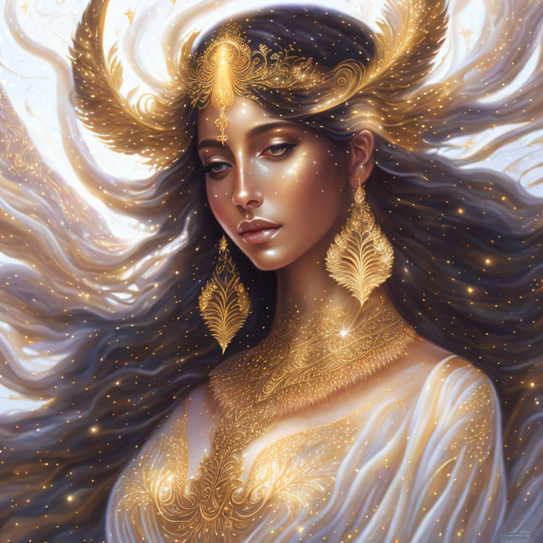 Ethereal woman with celestial-themed attire in starry backdrop