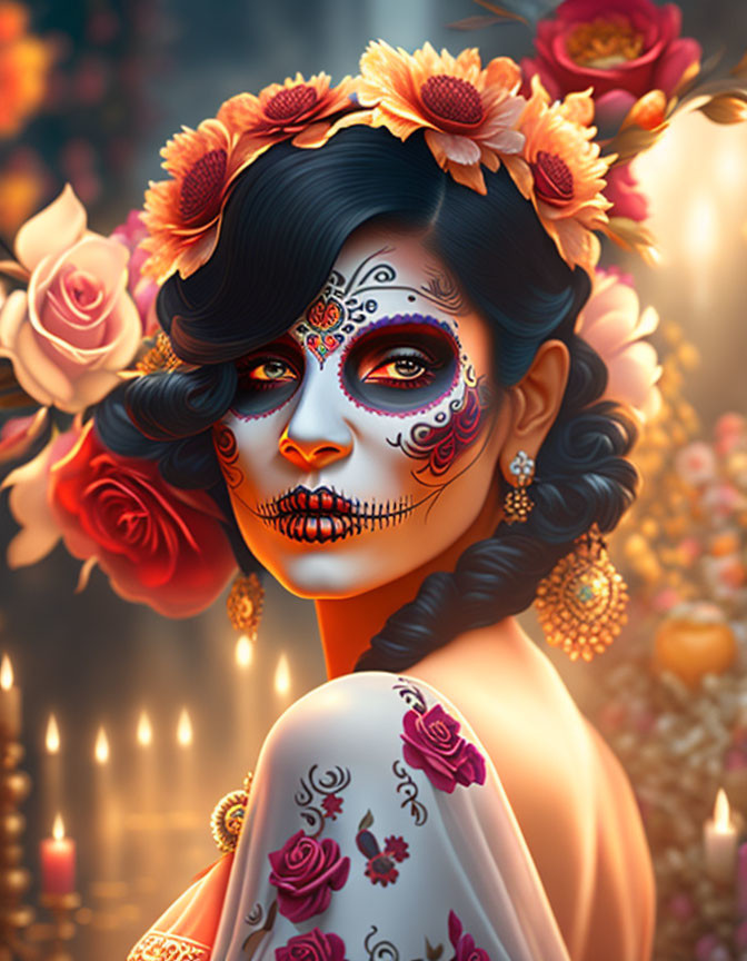 Woman with Day of the Dead makeup and rose flowers in candlelit setting