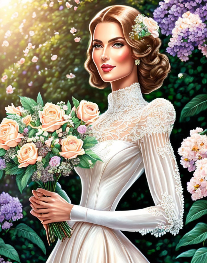 Illustrated bride with pink rose bouquet and floral adornments on vibrant floral background