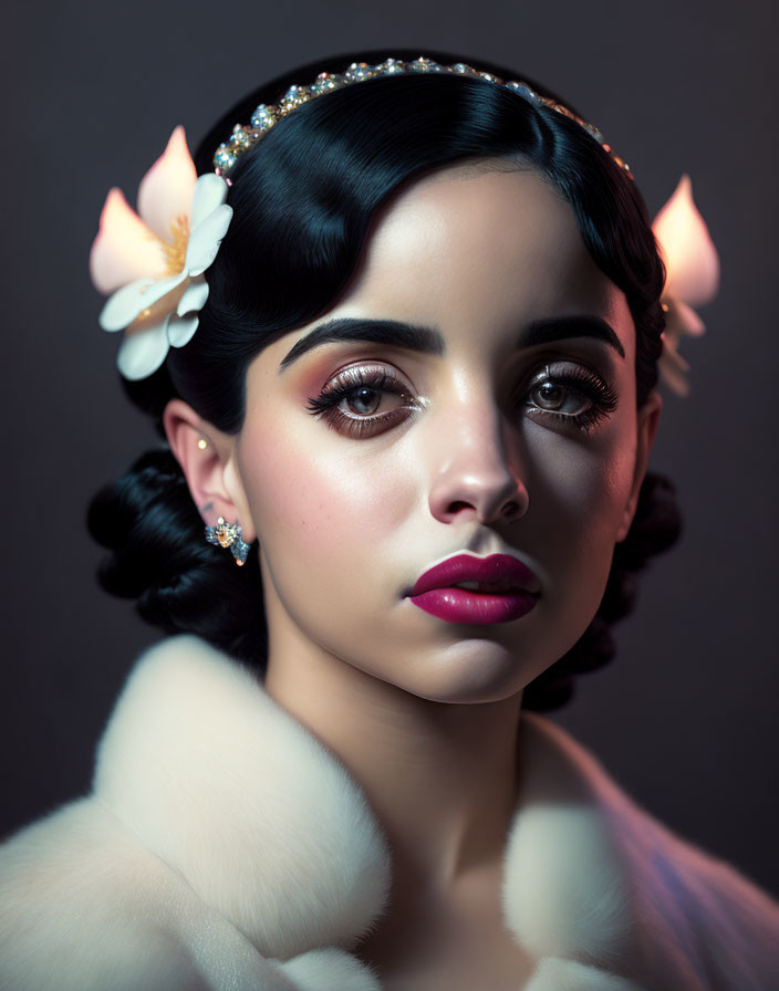 Woman with headband and fur, white flower in hair, intense gaze.