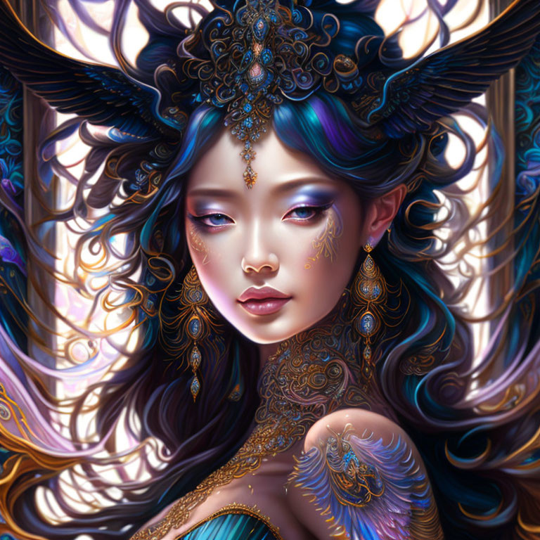 Illustrated female figure with blue and gold headpiece, tattoos, and jewelry