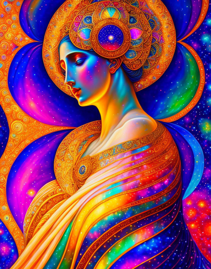 Celestial woman with blue skin in vibrant digital art