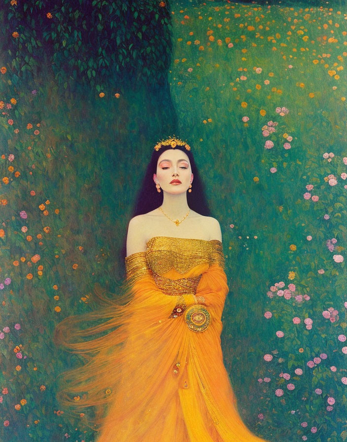 Regal woman in golden dress among flowers