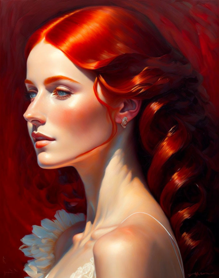 Digital painting of woman with flowing red hair on warm red backdrop