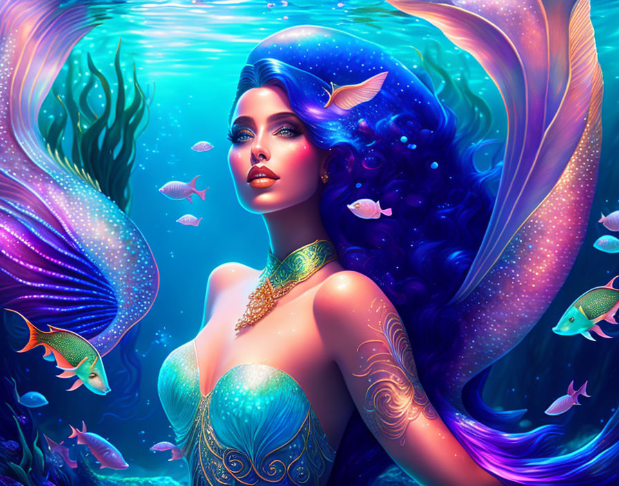 Ethereal mermaid with flowing hair in underwater fantasy scene