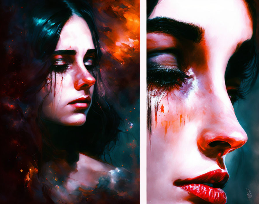 Emotional diptych: Woman with tears in red and blue hues