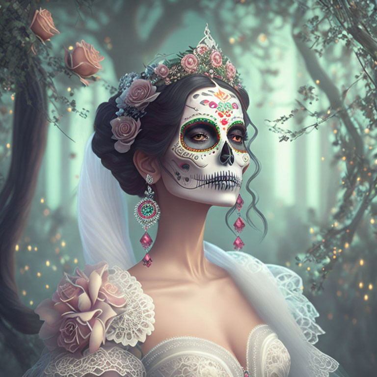 Woman with Dia de los Muertos makeup in bridal gown and headpiece, surrounded by forest.