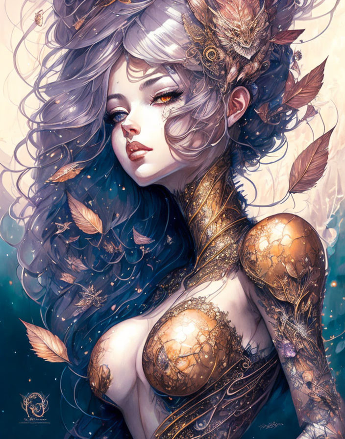 Fantasy woman illustration with flowing hair, gold-leaf tattoos, feathers, and leaves.