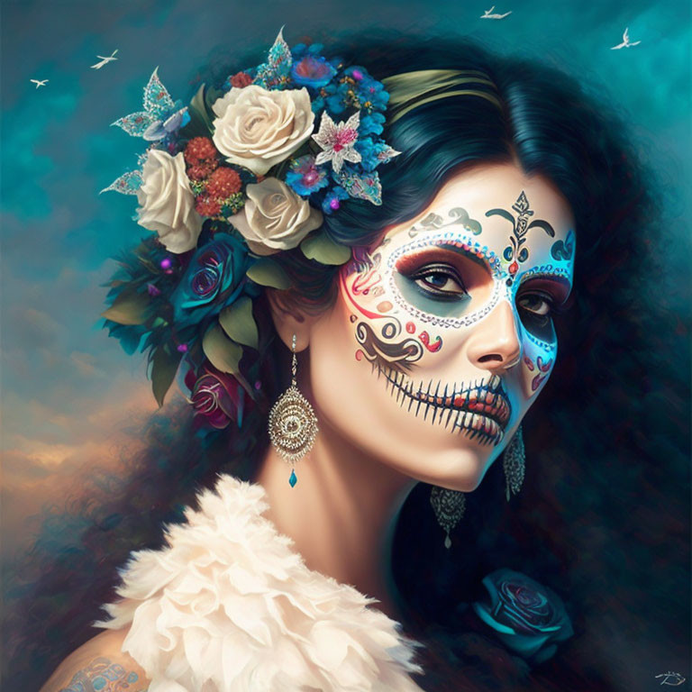 Woman with Day of the Dead makeup and floral headpiece in elegant earring.