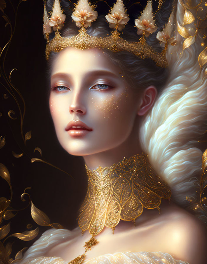 Woman portrait with porcelain skin, gold crown, filigree collar, and fur cloak.