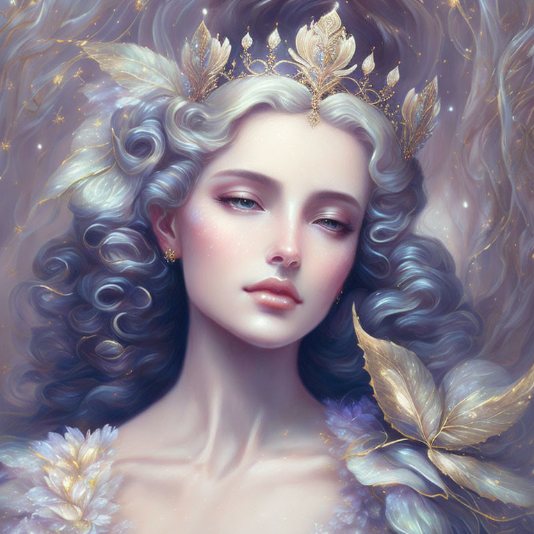 Serene woman portrait with golden crown and floral frame