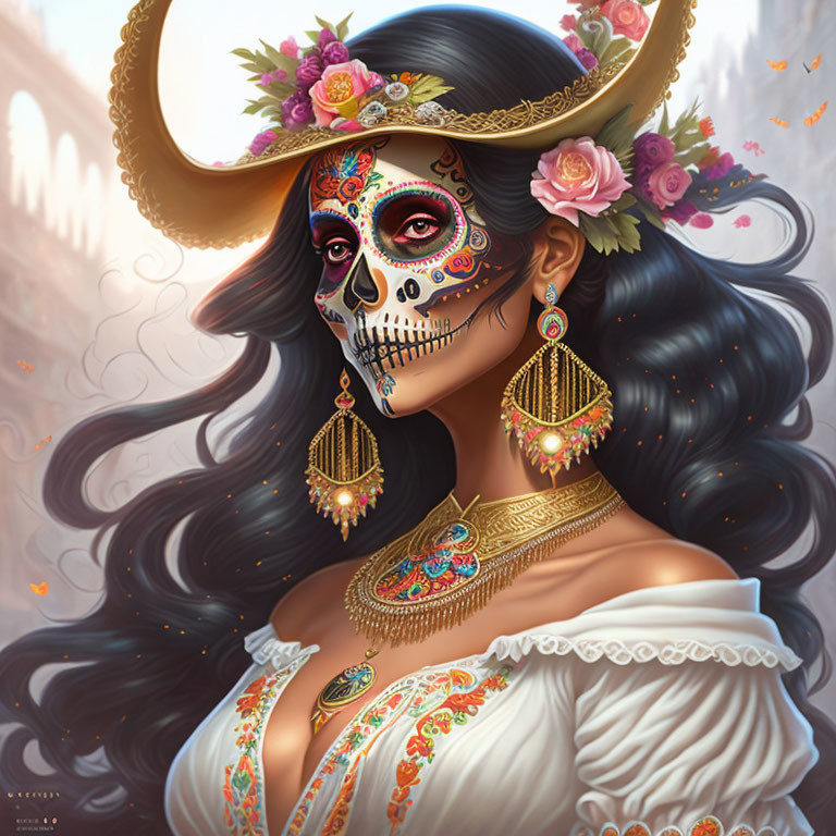 Woman with Day of the Dead makeup and floral hat in festive scene