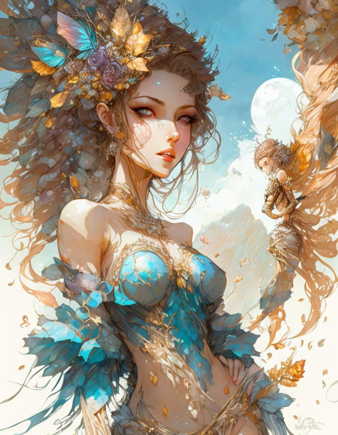 Fantasy illustration of woman in nature-themed attire with butterfly motifs