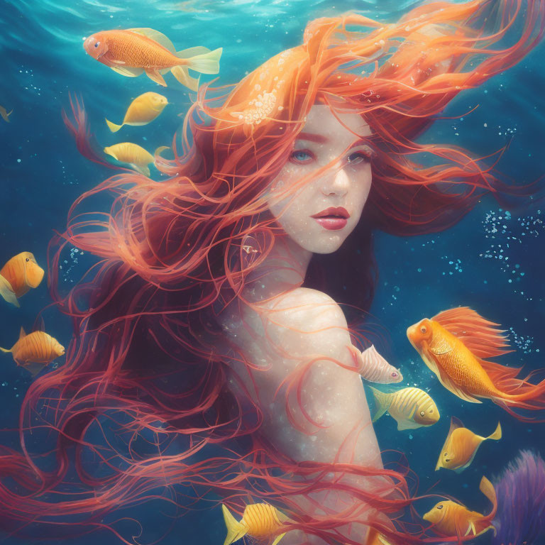 Red-haired mermaid swimming with tropical fish in captivating blue underwater scene