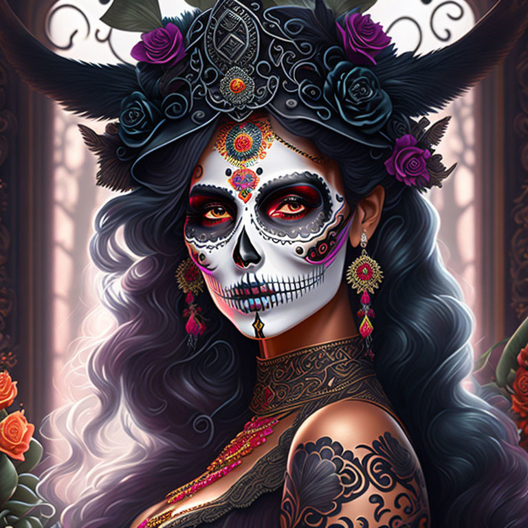 Woman with Dia de los Muertos makeup and floral headpiece in rose-filled background