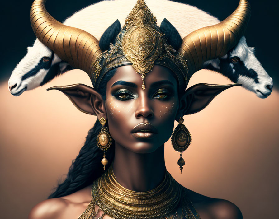 Dark-skinned woman with golden jewelry and white goat headdress on brown background