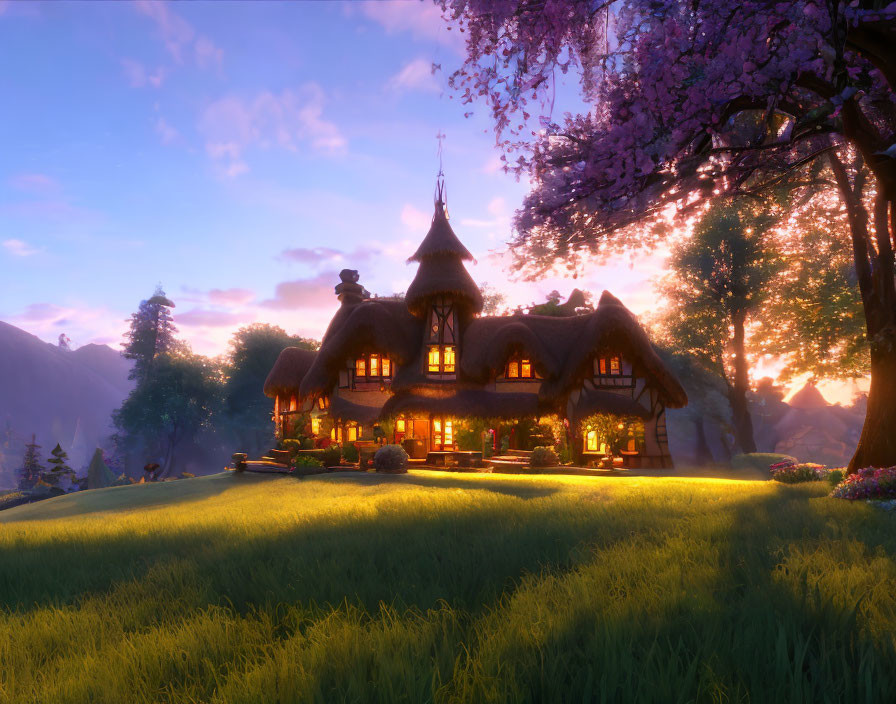 Charming thatched cottage under blossoming tree at sunset