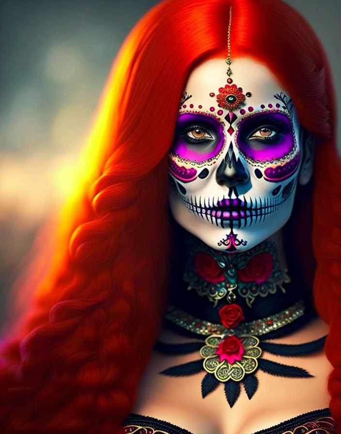 Colorful Dia de los Muertos-inspired woman portrait with red hair and skull makeup.