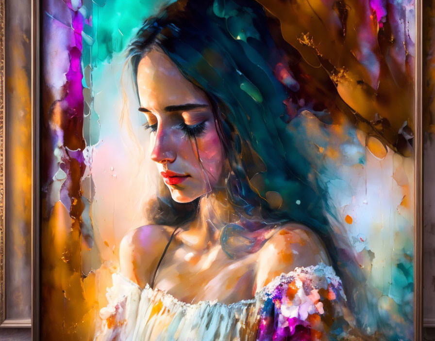 Colorful Abstract Painting of Pensive Woman with Light Reflections