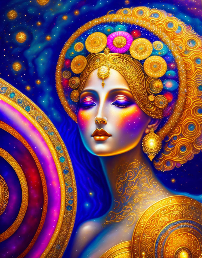 Colorful portrait of a woman in ornate headgear and jewelry with celestial background.